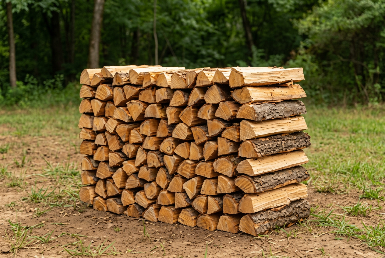 Trockenes, frisch gespaltetes Brennholz, im Wald gestapelt
